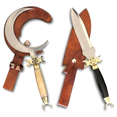 Crescent Moon Knife Camel Bone Handle with Leather Sheath Ritual Athame Boline - Image 1 of 4