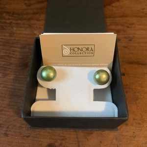 Honora Sterling Silver 925 Cultured Pearl Earrings Freshwater Green 9.5mm Estate - Picture 1 of 7