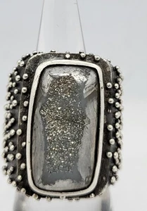 Unisex Solid S. S. Ring Silver Drusy Crystal Oxyodize With Silver Nodules Sz:6 - Picture 1 of 6