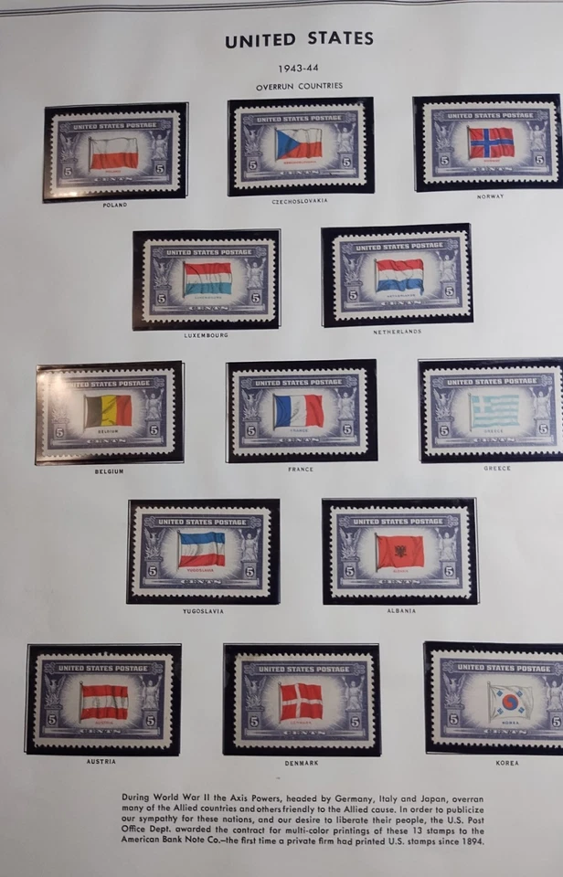 US 909-21 1943 Overrun Countries Set of 13 Singles MNH Hingless Album Page - Image 1 of 1