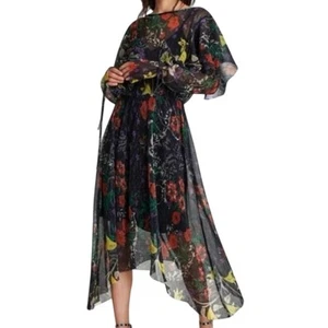 ZARA Collection glänzendes Plissee Langarm Rüschen Schultern Blumen Kleid Gr. S - Bild 1 von 11