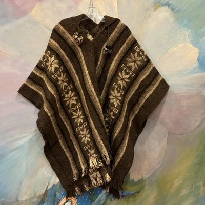 Poncho De Colección Gris Con Capucha Patrón Andino Mezcla Lana Boho Perú/Bolivia Foto 1 de 4