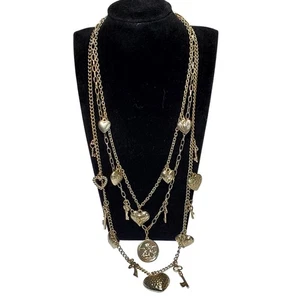 Triple Chain Love Charm Necklace Gold Tone Heart Key Valentines Day 16" - Picture 1 of 8