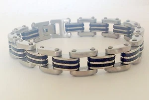 Stainless Steel Men's Brushed Stainless Steel & Black Rubber Links Bracelet 8.5  - Picture 1 of 3