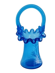 Signed 1983 Blue Art Glass Basket (6" x 2.5") - Picture 1 of 7
