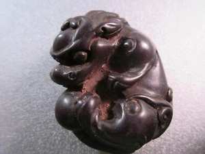Oriental Hand Carved Mini Wooden Feng Shui Foo Dog Play Ball Statue - Picture 1 of 2