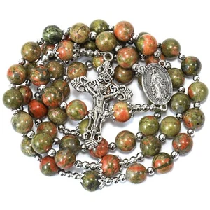 Collar de Rosario Cuentas Naturales Flor Verde Ágata con Medalla Milagrosa de Plata - Imagen 1 de 7