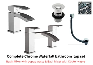Moderne Wasserfall Mono Waschtischarmatur Set - Waschtischarmatur Schwarz Chrom - Bild 1 von 36