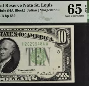 1934 $10 Federal Reserve Note PMG 65EPQ - Top Pop Highest Graded Mule -Fr 2005-H - Picture 1 of 4