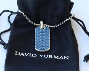 David Yurman Sterling Silver 35mm Streamline Dog Tag Pendant w/ Blue Sapphire