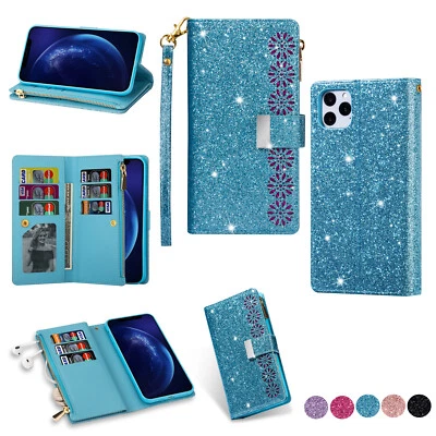 Bling Glitter Leather Zipper Wallet Flip Case For iPhone 16 15 14 13 12 11 X Pro - Image 1 of 4