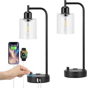 FILIMITIY Industrial Nightstand Dimmable Table Lamps Set of 2 Black USB Ports - Picture 1 of 8