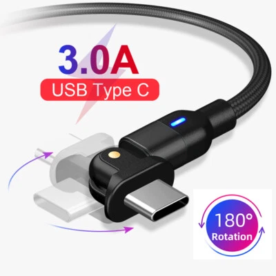 180° Rotate Type C Charging Cable 3A Fast Charge Data Sync For Samsung Xiaomi - Image 1 of 4