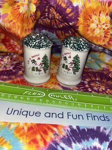 Salt & Pepper Set Let It Snow! by Atico 3 Snowmen Red Bird Tree Green Tops EUC - Picture 1 of 4
