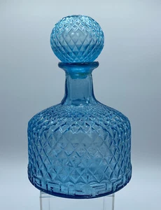 Vintage MCM Light Blue Diamond Pattern W/ Greek Design Glass Decanter Short - Picture 1 of 9