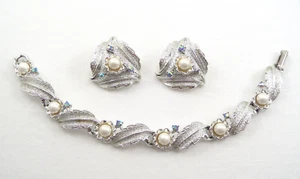 VTG  Judy Lee Bracelet Earrings Set Silver Plated Leaves Faux Pearls Rhinestones - Picture 1 of 10