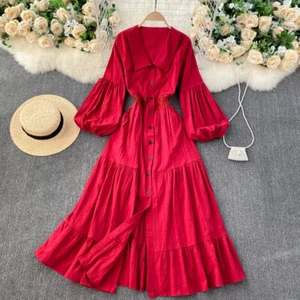 Femme Chemise Manches Longues Robe Dentelle Bordure Bouton Bas Swing Midi Fête - Picture 1 of 19