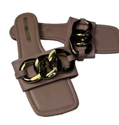 Сандалии без шнуровки Zara с золотой металлической цепочкой плоские розовые румяна размер 40/8,5 - Изображение 1 из 4