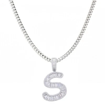 Collar Colgante Unisex Circonita Helada Baguette Plateado S Inicial Cadena Cubana 20" Foto 1 de 4