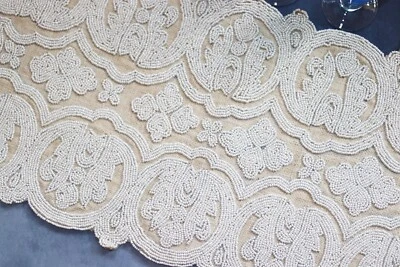 Christmas Beaded Table Runner Designer White Burlap Décor Centerpiece 35x13 In - Image 1 of 4