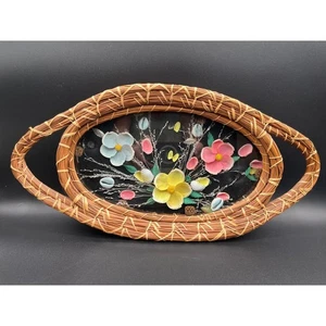 VTG Shell Art Under Glass Tray Woven Sweetgrass Frame Deco Beach, Coastal As Is - Picture 1 of 4