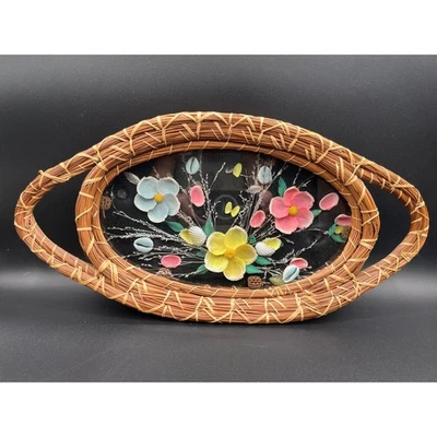 VTG Shell Art Under Glass Tray Woven Sweetgrass Frame Deco Beach, Coastal As Is - Image 1 of 4