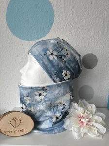 Handmade Bio Jersey Mützenset "White flowers" KU 52-55cm Mädchen - Bild 1 von 3