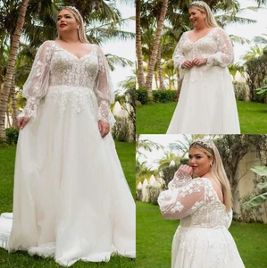 Plus Size Wedding Dresses V Neck Puffy Long Sleeve Lace Appliques Bridal Gowns - Picture 1 of 9