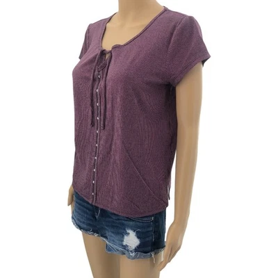 Rock & Republic MEDIUM Purple Striped Tee Shirt T-Shirt Button Front Scoop Neck - Image 1 of 4
