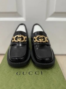 Mocassini Gucci Authentic Spice Lux Nappa Nero Patentato Oro Incastro G US 4 34 - Foto 1 di 10
