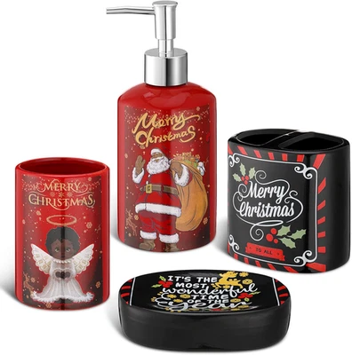 Conjunto de 4 acessórios de banheiro Natal preto Papai Noel decoração de banheiro Natal - Imagem 1 de 4