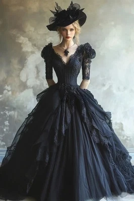 Vestidos de noiva vintage preto gótico vitoriano meia manga franzido plissado com cadarço - Imagem 1 de 4