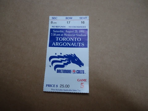 Baltimore CFL Colts 1994 game 5 ticket stub vs Toronto Argonauts Cover