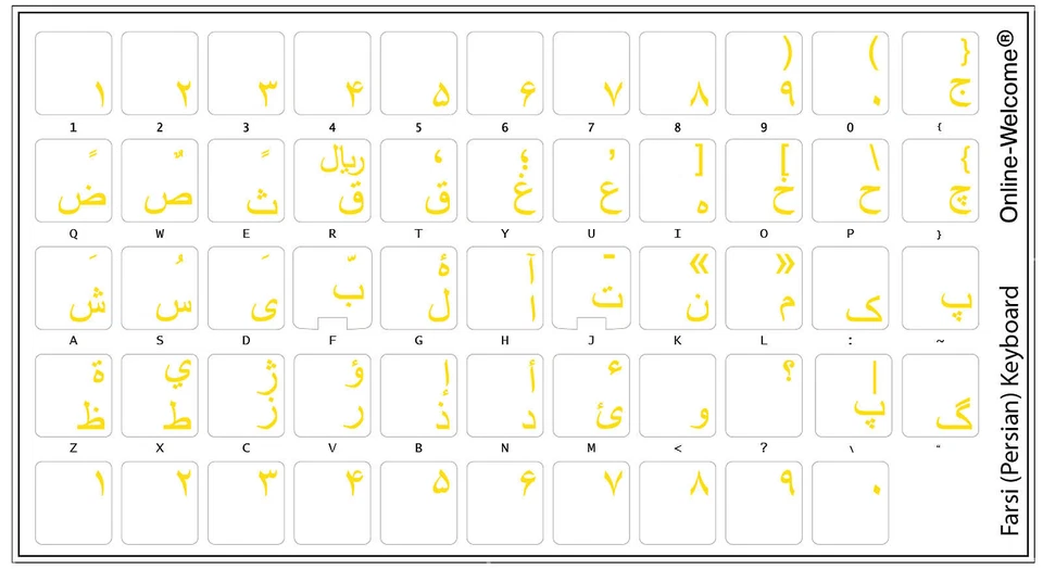 FARSI-PERSIAN KEYBOARD STICKER TRANSPARENT YELLOW LETTERS NEW ONLINE-WELCOME - Image 1 of 1
