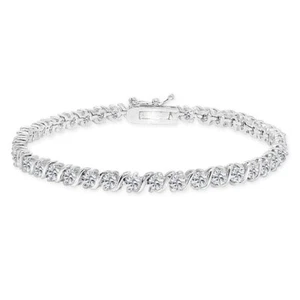 925 Silver Polished Created White Sapphire S Design Bar Classic Tennis Bracelet - Picture 1 of 3