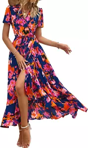 Womens Summer Wrap Maxi Dress Casual Boho Floral V Neck Short Sleeve Ruffle Hem - Picture 1 of 8