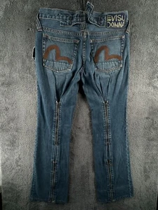 Evisu Donna Women Denim Blue Jeans Zipper Legs Size 8 XS (28x29) Logos Buckle - Picture 1 of 21
