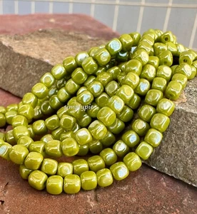 Luster Avocado Cube Czech Glass Beads 50 #GAR - Picture 1 of 5
