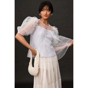 Blusa Anthropologie Manga Abullonada Transparente Tul Superposición Azul Claro Texturizada Top M - Imagen 1 de 7