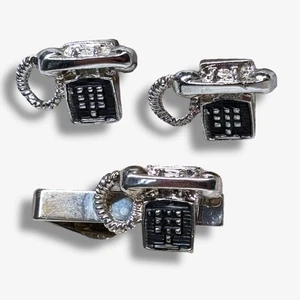 1960s Silver Tone Telephone Cufflinks and Tie Bar Set Vintage Novelty Design - Picture 1 of 6
