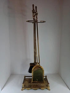 Vintage fireplace brass 3-piece tool set and stand shovel, poker, brush - Picture 1 of 2