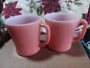 Vintage Set of 2 Fire King Pink Salmon Coffee Mugs Cups Mid Century - Picture 1 of 5
