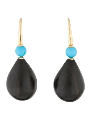 18K Yellow Gold Turquoise Tear Drop Dangle Earrings Pierced Black Wood Bead gyuh - Image 1 of 3