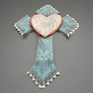 Turquoise Wall Cross with Heart Rustic Distressed Hanging Home Decor - Picture 1 of 2