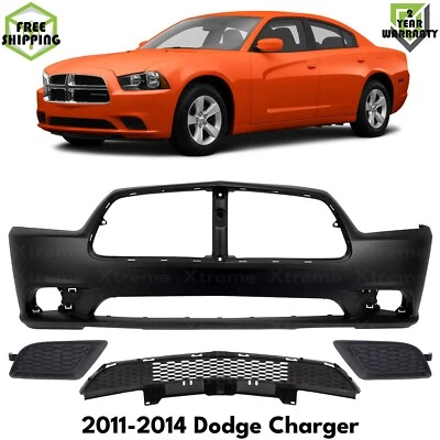Front Bumper Cover Primed & Fog Lights Cover Kit For 2011-2014 Dodge Charger Foto 1 de 4