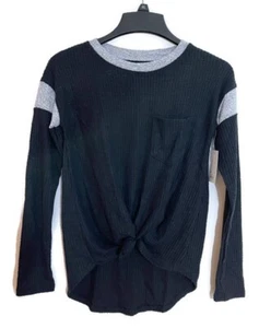 So Womens Cozy Top Black Luxe Long Sleeve Waffle Varsity Front Tie Size XS NWT - Bild 1 von 6