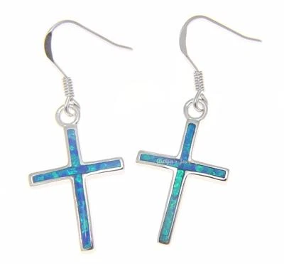 PENDIENTES COLGANTES GANCHO CRUZ ÓPALO AZUL INCRUSTACIÓN PLATA DE LEY 925 SÓLIDA 14,30 MM Foto 1 de 2
