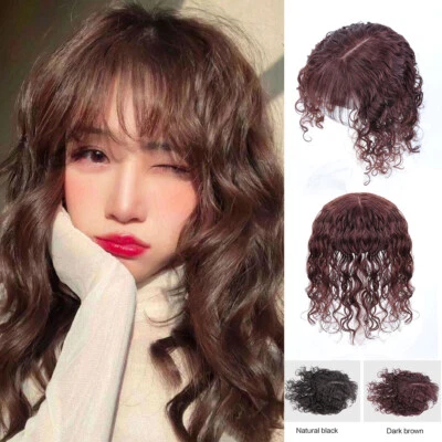 Pieza superior de cabello ondulado rizado hecha a mano con flequillo pinza de cabello humano  Foto 1 de 4