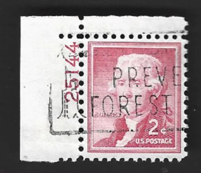 Sc#1033 2c Jefferson PLT. # single with FOREST FIRES slogan cancel - (A-3) - Image 1 of 2