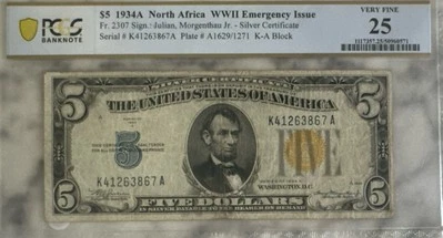 PCGS Very Fine 25 1934-A US $5 North Africa WWII Emergency Silver Certificate - Image 1 of 2